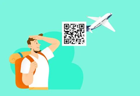 Traveller with backpack- concept of qr code pass on smartphone Stock Illustration