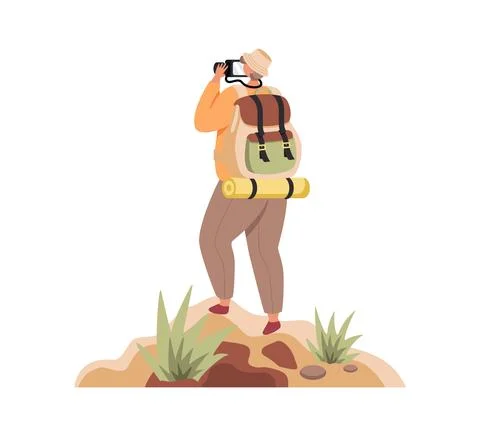 Traveller with backpack standing on top of mountain and looking through camera. Stock Illustration