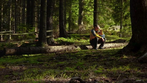 Traveller in a beautiful forest Stock Footage 143922281