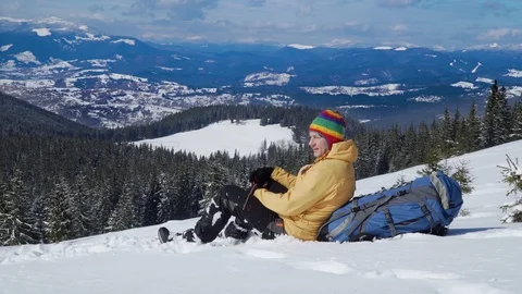 Traveller in the mountains in winter Stock Footage 127339274