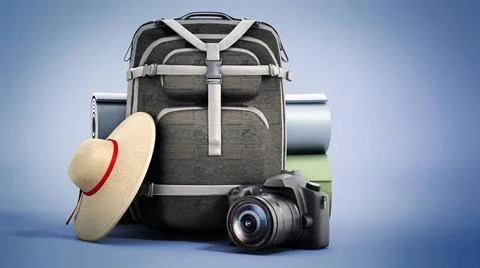 Traveller s backpack, hat, camera and sleeping mats. 3D illustration Trave... Stock Photos