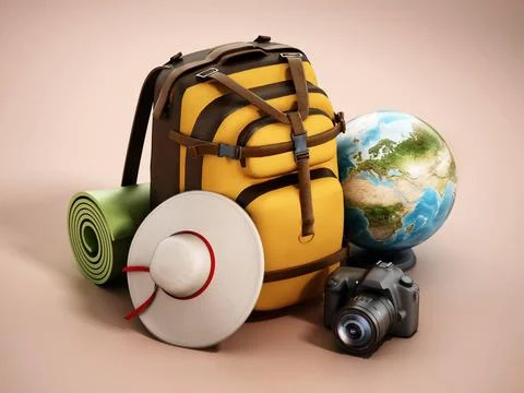 Traveller s backpack, hat, globe, camera and sleeping mats. 3D illustratio... Stock Photos