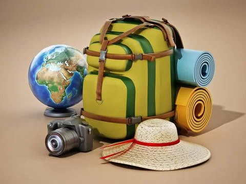 Traveller s backpack, hat, globe, camera and sleeping mats. 3D illustratio... Stock Photos