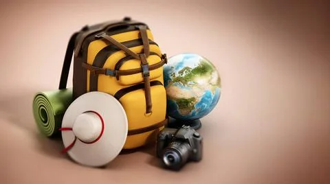 Traveller s backpack, hat, globe, camera and sleeping mats. 3D illustratio... Stock Photos