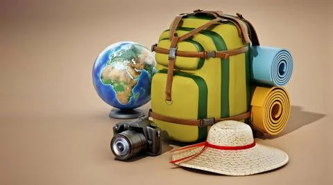 Traveller s backpack, hat, globe, camera and sleeping mats. 3D illustratio... Stock Photos