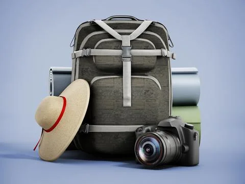 Traveller's backpack, hat, camera and sleeping mats. 3D illustration Stock Illustration