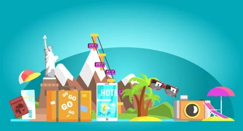 Travelling Attributes Composition On Blue Background Stock Illustration