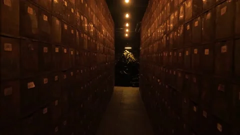 Travelling between the racks of an old dark archive room, in Germany Stock Footage 212576904