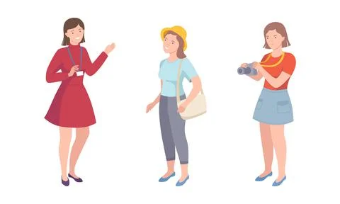 Travelling people with camera walking at excursion with tour guide vector Ilustración de archivo