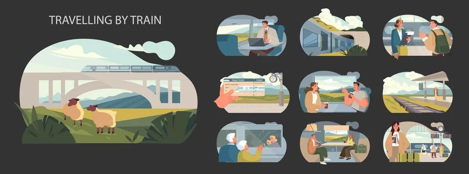Travelling by Train set. Stock Illustration
