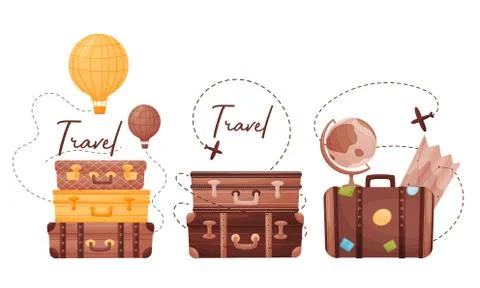 Travelling Trunks with Map and Globe Isolated on White Background Vector Set Stock Illustration