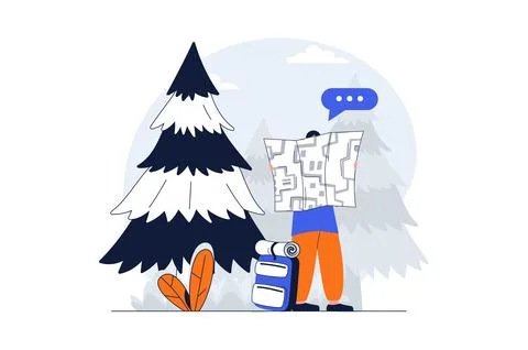 Travelling web concept with character scene. Man with backpack looking at map 스톡 일러스트