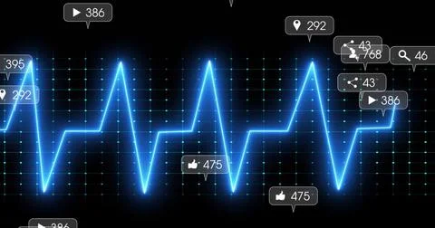 Traversing neon-blue ECG waveform glowing on dark grid, with play, like, share Stock Illustration