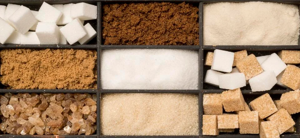 Tray of assorted sugar types Stock Photos