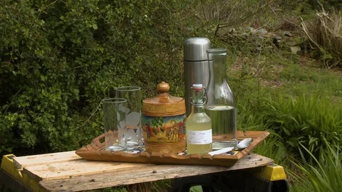 Tray of Beverages Sitting Outside Stock Footage 118960083