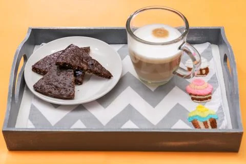 Tray with breakfast chocolate cake Stock Photos