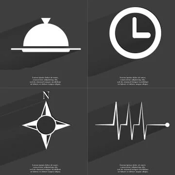 Tray, Clock, Compass, Pulse icon sign. Set of Symbols with Flat design and Lo Stock Illustration