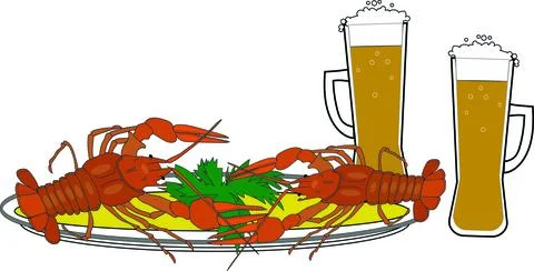 A tray of crayfish and two mugs of beer. Stock Illustration