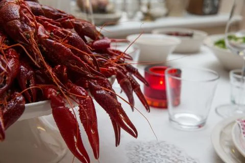 Tray of crayfish on a table Foto stock