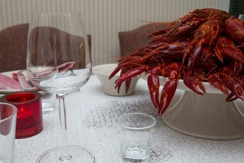 Tray of crayfish on a table Foto stock