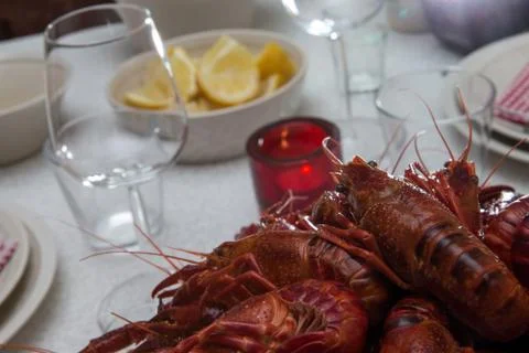 Tray of crayfish on a table Foto stock
