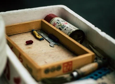 Tray of different tools and items 스톡 사진