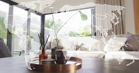 Tray with diffuser, plant and cup sitting as doors opening, map fading into hex Stock Footage 323384592