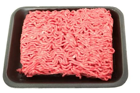 A tray of fresh lean ground beef from supermarket isolated on white backgroun Stock Photos