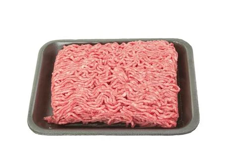 A tray of fresh lean ground beef from supermarket isolated on white backgroun Stock Photos