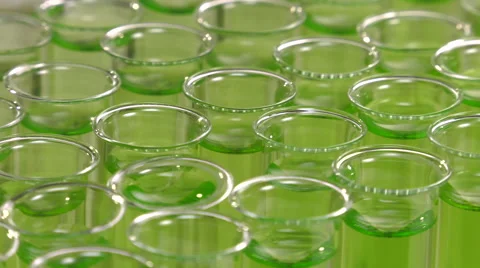 Tray full of test tubes filled with green liquid Video stock 64291944