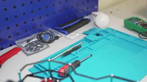 Tray holds arranged engineering tools ready for students Stock Footage 311646320