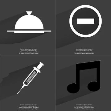 Tray, Minus, Syringe, Note icon sign. Set of Symbols with Flat design and Lon イラスト素材