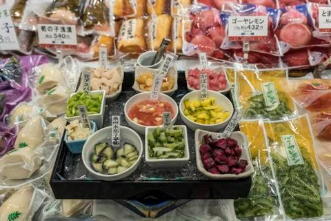 Tray of pickles available for sampling, on a market stall in a Japanese market, Stock Photos