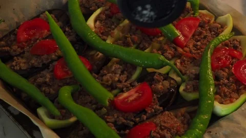 A tray ready to bake fresh zucchini and eggplant gratin Stock Footage 139716279
