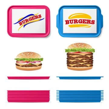 Tray Salver Set Vector. Empty Plastic Rectangular Tray Salvers With Fast Food Stock Illustration
