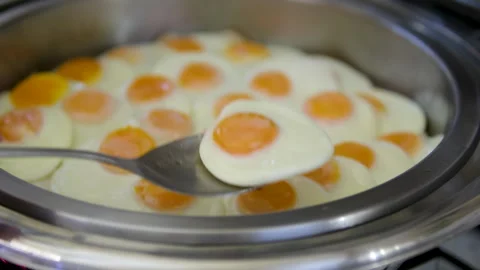 Tray of scrambled eggs at a buffet. Eggs buffet tray Stock Footage 313529127
