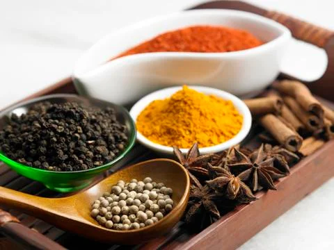 Tray of spices 스톡 사진