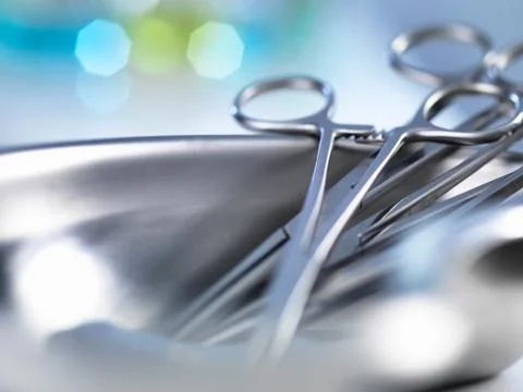 Tray with surgical scissors Stock Photos