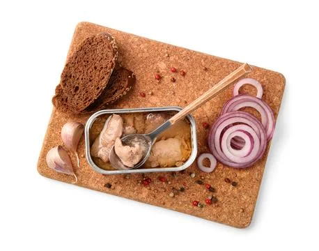 Tray with tin can of tasty cod liver, bread and spices isolated on white back Stock Photos