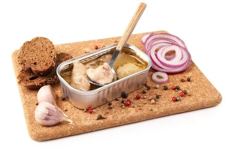 Tray with tin can of tasty cod liver, bread and spices isolated on white back Stock Photos