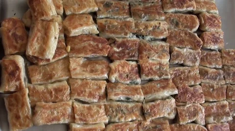 Tray with Turkish pie zoom in Stock Footage 48067908