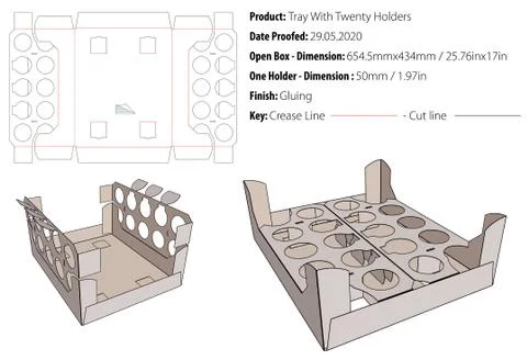 Tray With Twenty Holders packaging design template gluing die cut - vector-e Stock Illustration