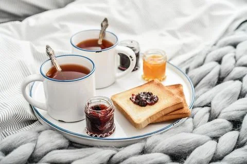 Tray with two cups of black  tea 写真素材