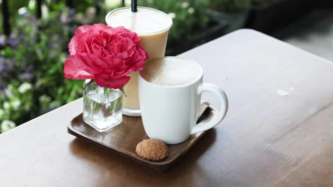 Tray with two cups of coffee and cookie. Stock Footage 277134854