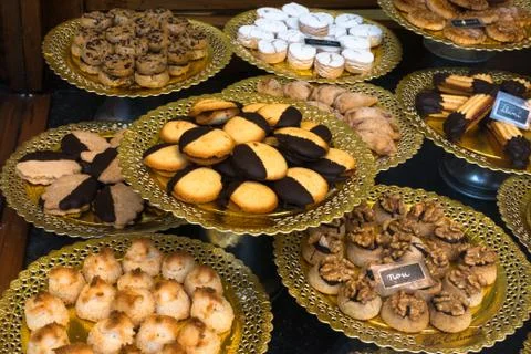 Trays of Spanish pastries, La Colmena bakery and confectionery shop Stock Photos