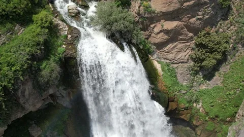 Trchkan waterfall cascading over rocky cliffs in Lori Province, Armenia Stock Footage 342061496