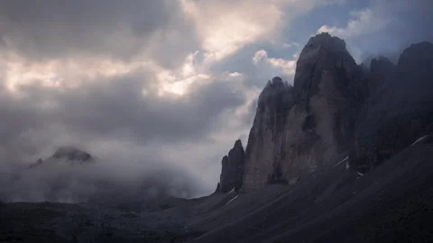 Tre Cime di Lavaredo in Clouds - Timelapse ProRes 4k Stock Footage 255931595