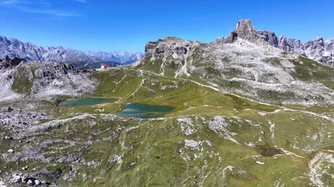 Tre Cime di Lavaredo Lakes 06 | Refugio Locatelli | Italian Dolomites | 4K Drone Stock Footage 259920174
