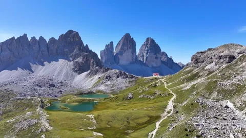 Tre Cime di Lavaredo Lakes 03 | Refugio Locatelli | Italian Dolomites | 4K Drone Stock Footage 259920336