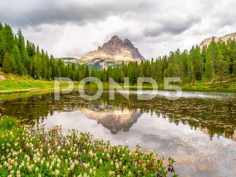 Tre Cime di Lavaredo Mountain reflected in water od Antorno Lake, Dolomites Stock Photos